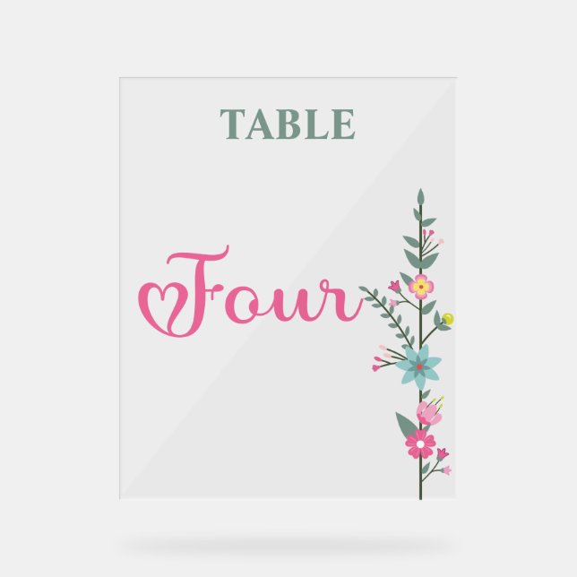 Floral Elegante Liebe Hochzeit Tischnummer VIER Acrylschild (Vorderseite)