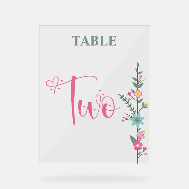 Floral Elegante Liebe Hochzeit Tischnummer Zwei Acrylschild (Vorderseite)