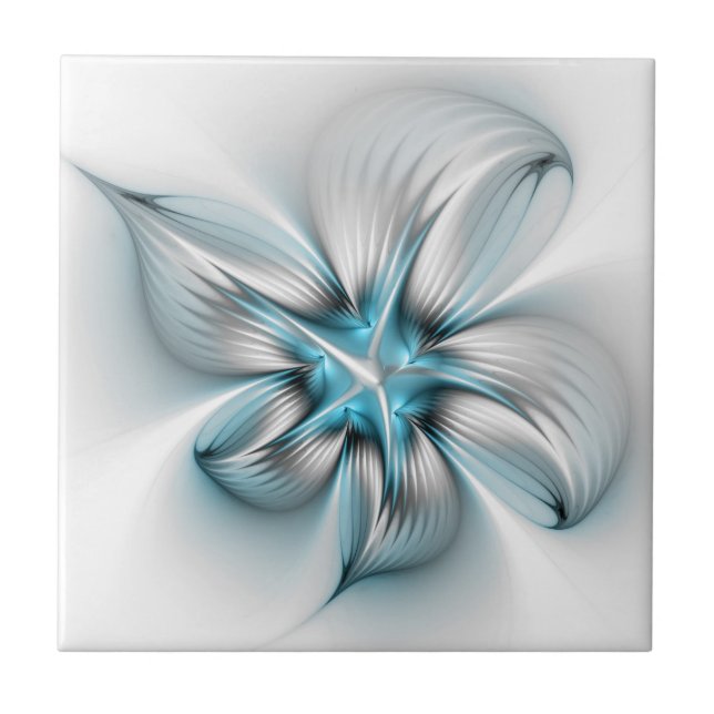 Floral Elegante Modernes Abstraktes blaues Fraktal Fliese (Vorderseite)