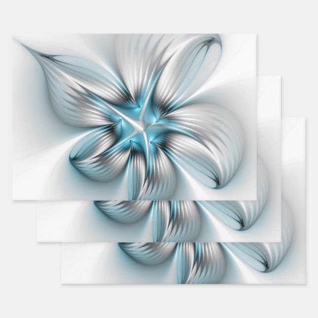 Floral Elegante Modernes Abstraktes blaues Fraktal Geschenkpapier Set (Set)