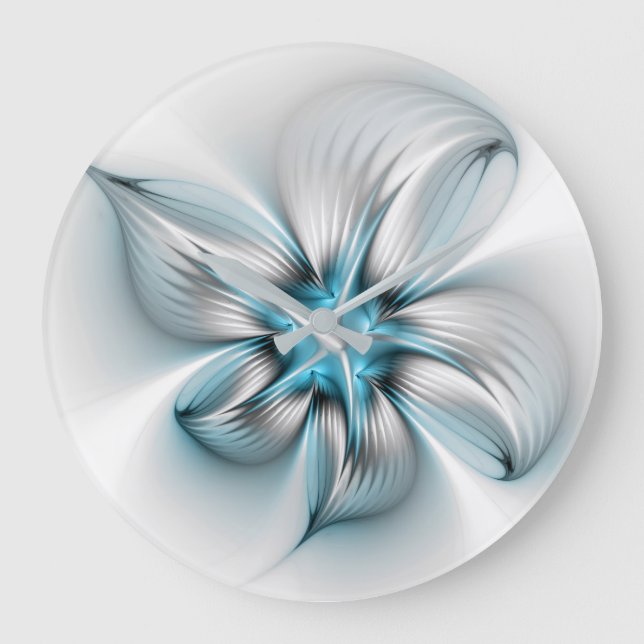 Floral Elegante Modernes Abstraktes blaues Fraktal Große Wanduhr (Vorderseite)