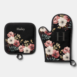 Floral Elegante Personalisiert Ofenhandschuh & Topflappen-Set