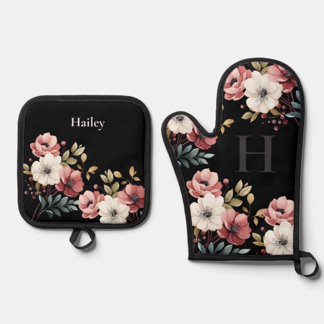 Floral Elegante Personalisiert Ofenhandschuh & Topflappen-Set (Vorderseite)