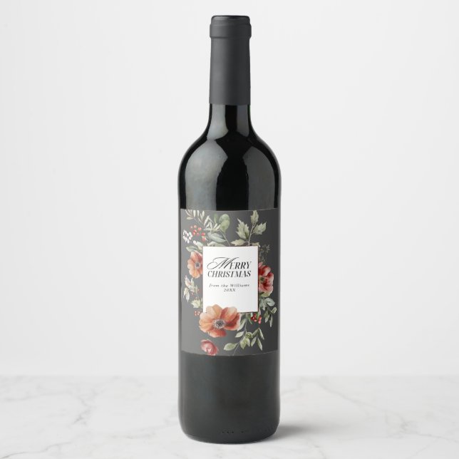 Floral Elegante Wasserfarbe Frohe Weihnachtswünsch Weinetikett (Vorderseite)