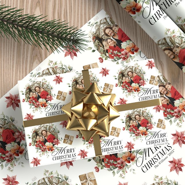 Floral Elegantes Familienweihnachtsfest Foto Geschenkpapier (Von Creator hochgeladen)