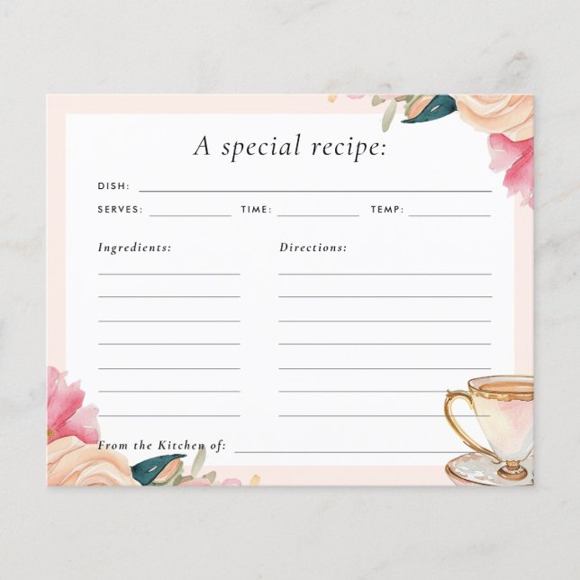Floral Elegantes Tee Party Brautparty Rezept Karte (Vorderseite)