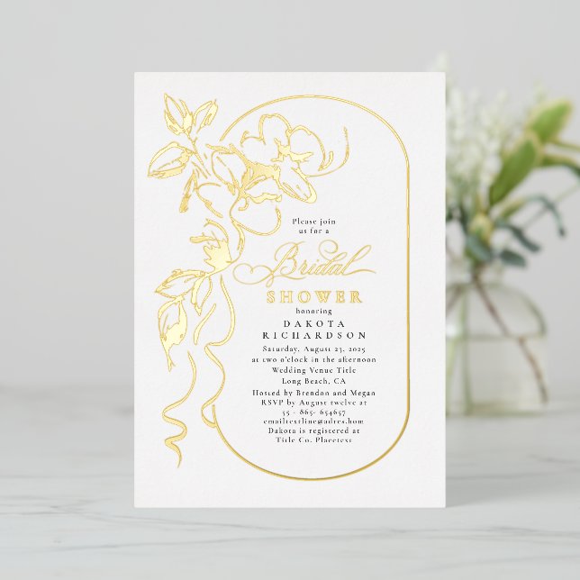 Floral Elegantes Weißes Brautparty Gold Folieneinladung (Stehend vorne)