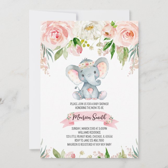 Floral Elephant Baby Shower Einladung (Vorderseite)
