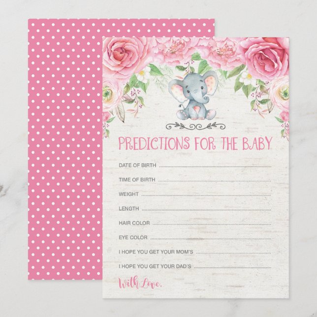 Floral Elephant Baby Shower Game Predictions Card Einladung (Vorne/Hinten)
