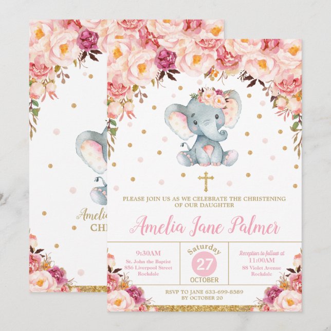 Floral Elephant Christening Taufe Girl Einladung (Vorne/Hinten)