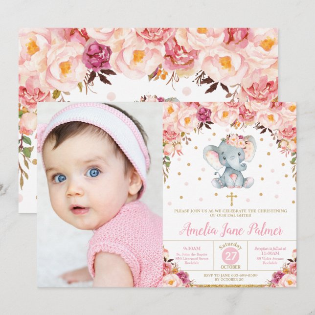 Floral Elephant Christening Taufe Girl Foto Einladung (Vorne/Hinten)