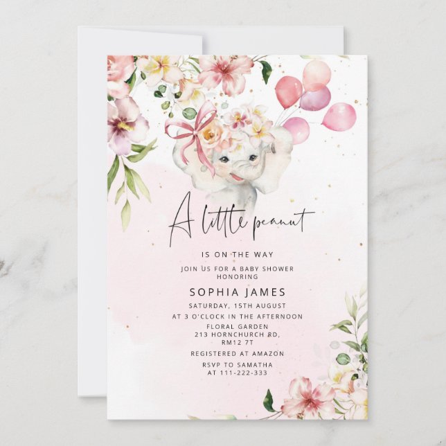 Floral Elephant fille baby shower Invitation (Devant)
