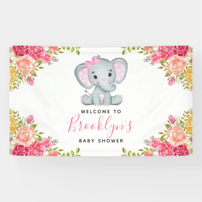 Floral Elephant Girl Baby Dusche Banner (Horizontal)