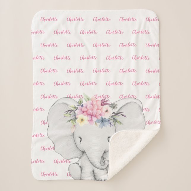 Floral Elephant Pink Personalisierter Mädchenname Sherpadecke (Vorderseite)