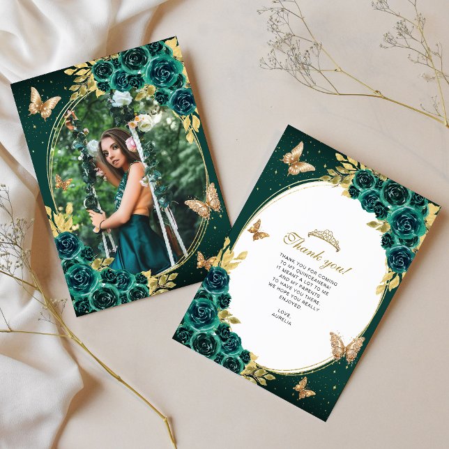 Floral Emerald Gold Butterfly Quinceañera Foto Dankeskarte (Von Creator hochgeladen)