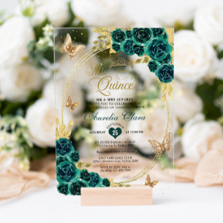Floral Emerald Gold Tiara Butterfly Quinceañera Acryleinladungen