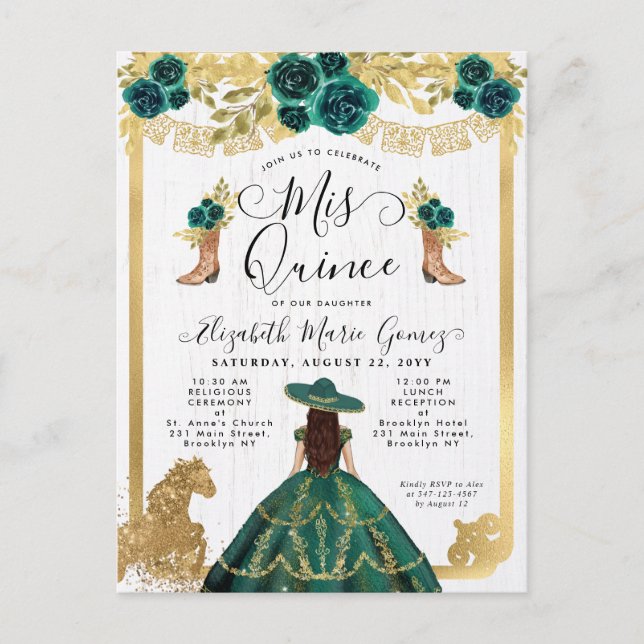 Floral Emerald Green Charra Princess Quinceanera Einladungspostkarte (Vorderseite)