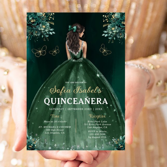 Floral Emerald Green Dress Birthday Quinceanera Einladung (Von Creator hochgeladen)