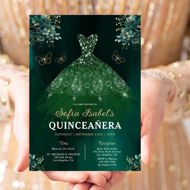 Floral Emerald Green Dress Birthday Quinceanera Einladung (Von Creator hochgeladen)