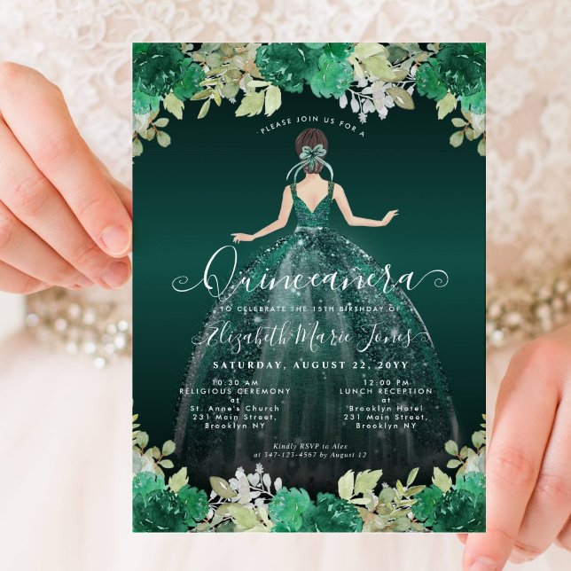 Floral Emerald Green Dress Birthday Quinceanera Einladung (Von Creator hochgeladen)
