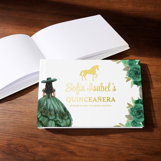 Floral Emerald Green Dress Birthday Quinceanera Gästebuch (Von Creator hochgeladen)