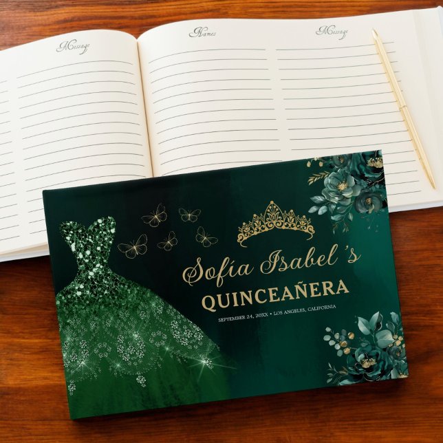 Floral Emerald Green Dress Birthday Quinceanera Gu Gästebuch (Von Creator hochgeladen)