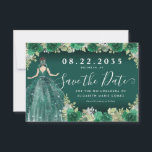 Floral Emerald Green Dress Birthday Quinceanera Save The Date<br><div class="desc">Floral Emerald Green Princess Gown Dress Glitzer Sparkle 15. Geburtstag Quinceanera Einladung</div>
