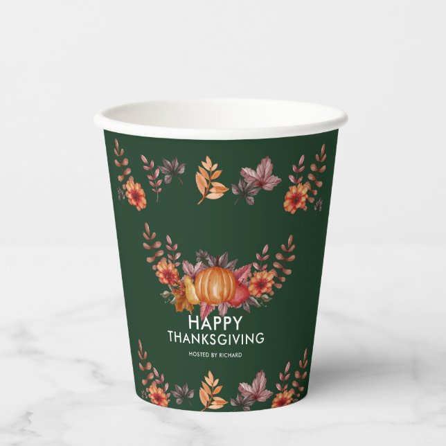 Floral Emerald Green Erntedank Dinner Pappbecher (Vorderseite)
