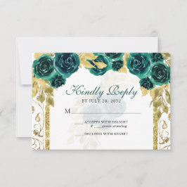 Floral Emerald Green Gold Arch Quinceañera RSVP Karte