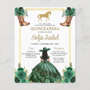 Floral Emerald Green Gold Boots Horse Quinceanera
