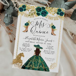 Floral Emerald Green Gold Boots Horse Quinceanera Einladung