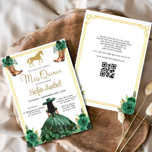 Floral Emerald Green Gold Boots Horse Quinceanera Einladung
