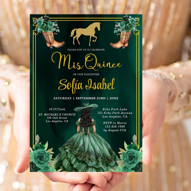 Floral Emerald Green Gold Boots Horse Quinceanera Einladung (Von Creator hochgeladen)
