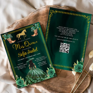 Floral Emerald Green Gold Boots Horse Quinceanera Einladung