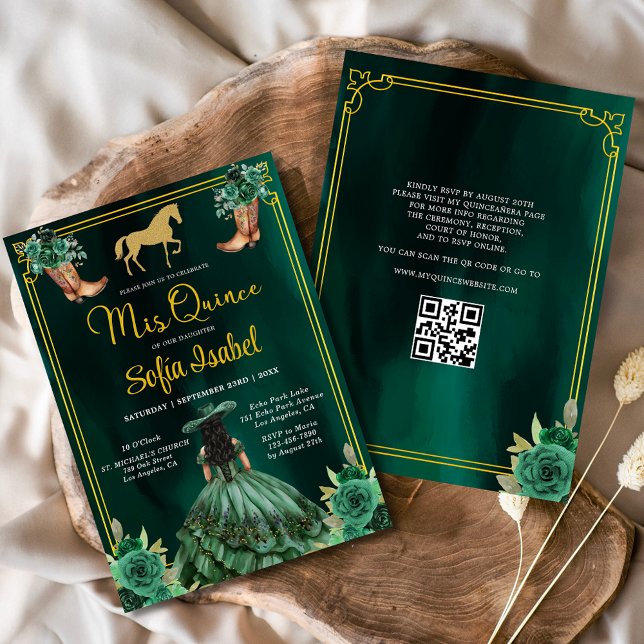 Floral Emerald Green Gold Boots Horse Quinceanera Einladung (Von Creator hochgeladen)