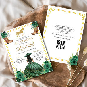 Floral Emerald Green Gold Boots Horse Quinceanera Einladung