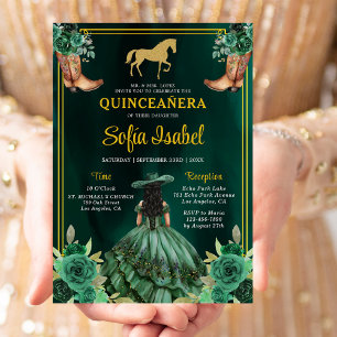 Floral Emerald Green Gold Boots Horse Quinceanera Einladung
