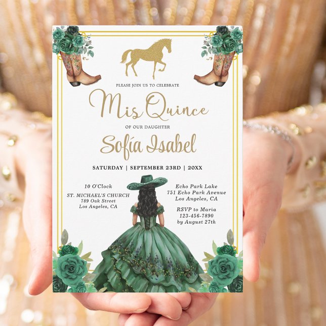 Floral Emerald Green Gold Boots Horse Quinceanera Einladung (Von Creator hochgeladen)