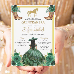 Floral Emerald Green Gold Boots Horse Quinceanera Einladung