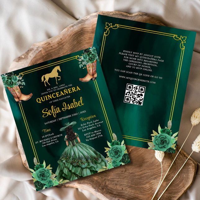 Floral Emerald Green Gold Boots Horse Quinceanera Flyer (Von Creator hochgeladen)