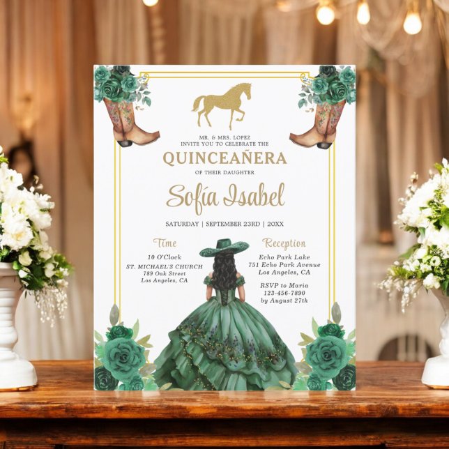 Floral Emerald Green Gold Boots Horse Quinceanera Flyer (Von Creator hochgeladen)