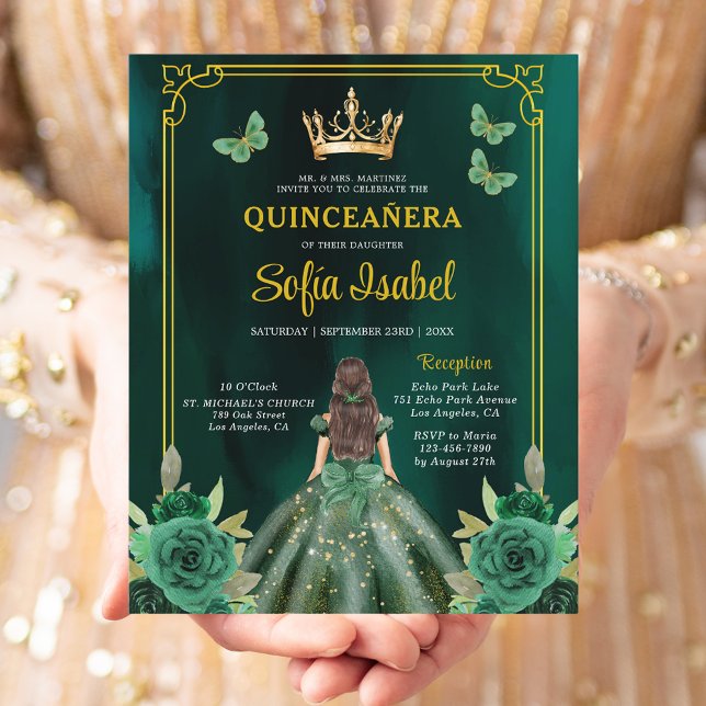 Floral Emerald Green Gold Butterfly Quinceanera (Von Creator hochgeladen)