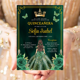 Floral Emerald Green Gold Butterfly Quinceanera Einladung