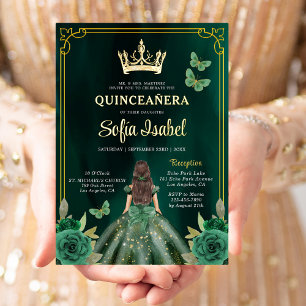 Floral Emerald Green Gold Butterfly Quinceanera Folieneinladung