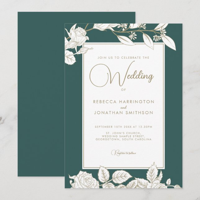 Floral Emerald Green Gold Hochzeit Einladung (Vorne/Hinten)