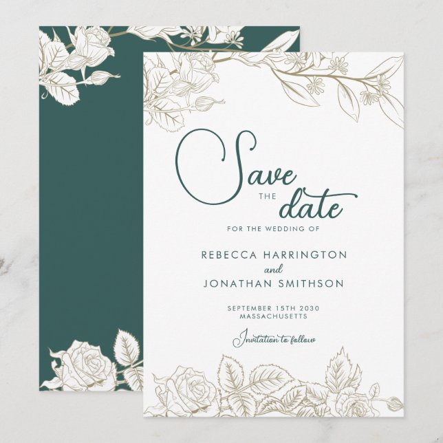 Floral Emerald Green Gold Wedding rettet das Datum Einladung (Vorne/Hinten)