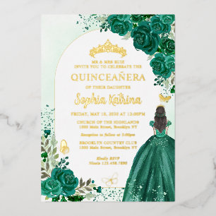 Floral Emerald Green Princess Birthday Quinceanera Folieneinladung