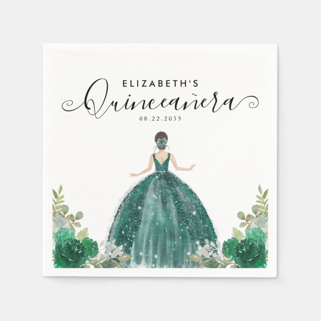 Floral Emerald Green Princess Dress Quinceanera Serviette (Vorderseite)