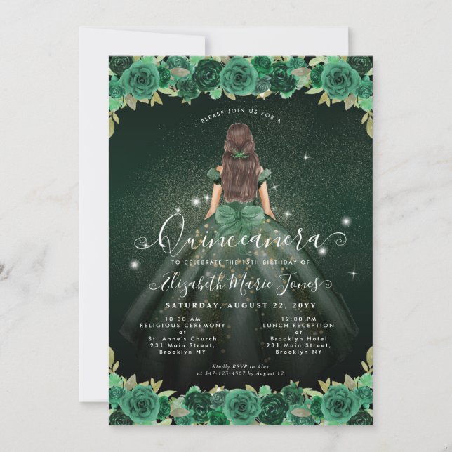 Floral Emerald Green Sparkle Birthday Quinceanera Einladung (Vorderseite)