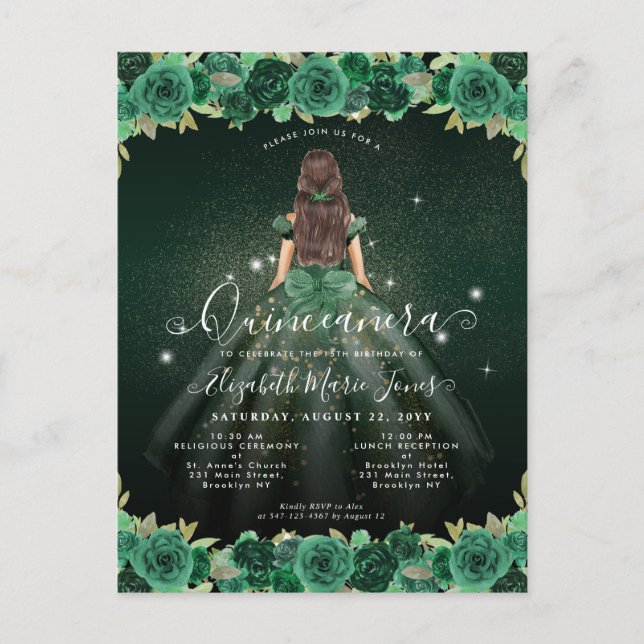 Floral Emerald Green Sparkle Birthday Quinceanera Postkarte (Vorderseite)